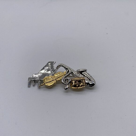 Classic Music Notes Pin With Piano Saxophone & Drum Charms Silver/Gold Unisex - Picture 2 of 5